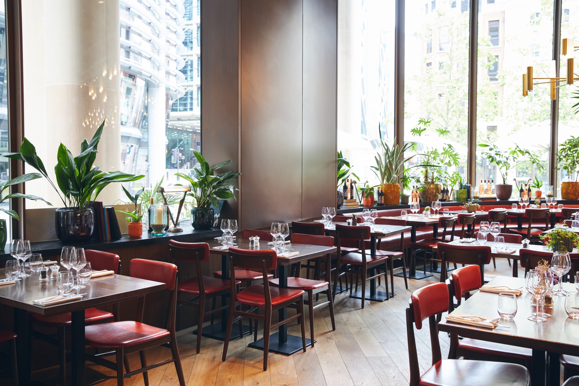 Tables set in modern restaurant interior